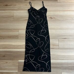 Vintage Y2K Black & Silver Swirl Rhinestone Maxi Dress